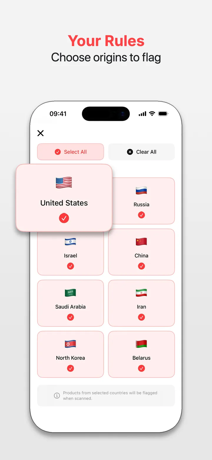 Boycottr: Your rules: choose the origins to flag.